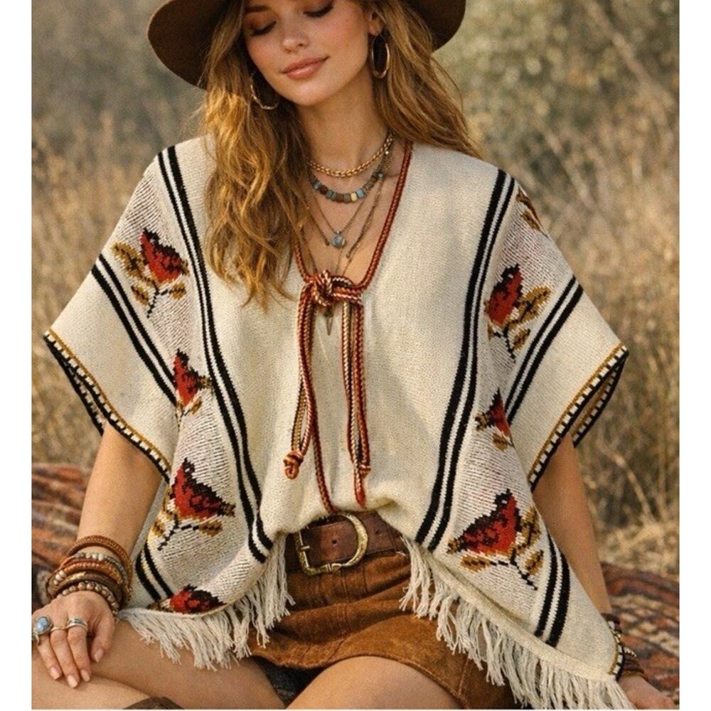 Vtg Hippie Bird Tie Cape Poncho Vest Sweater Serape Fringe Tribal Boho Z3